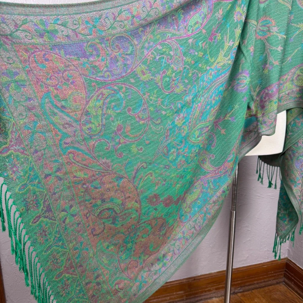 Teal green and purple paisley Pashmina fringe scarf Bohemian Shawl Wrap